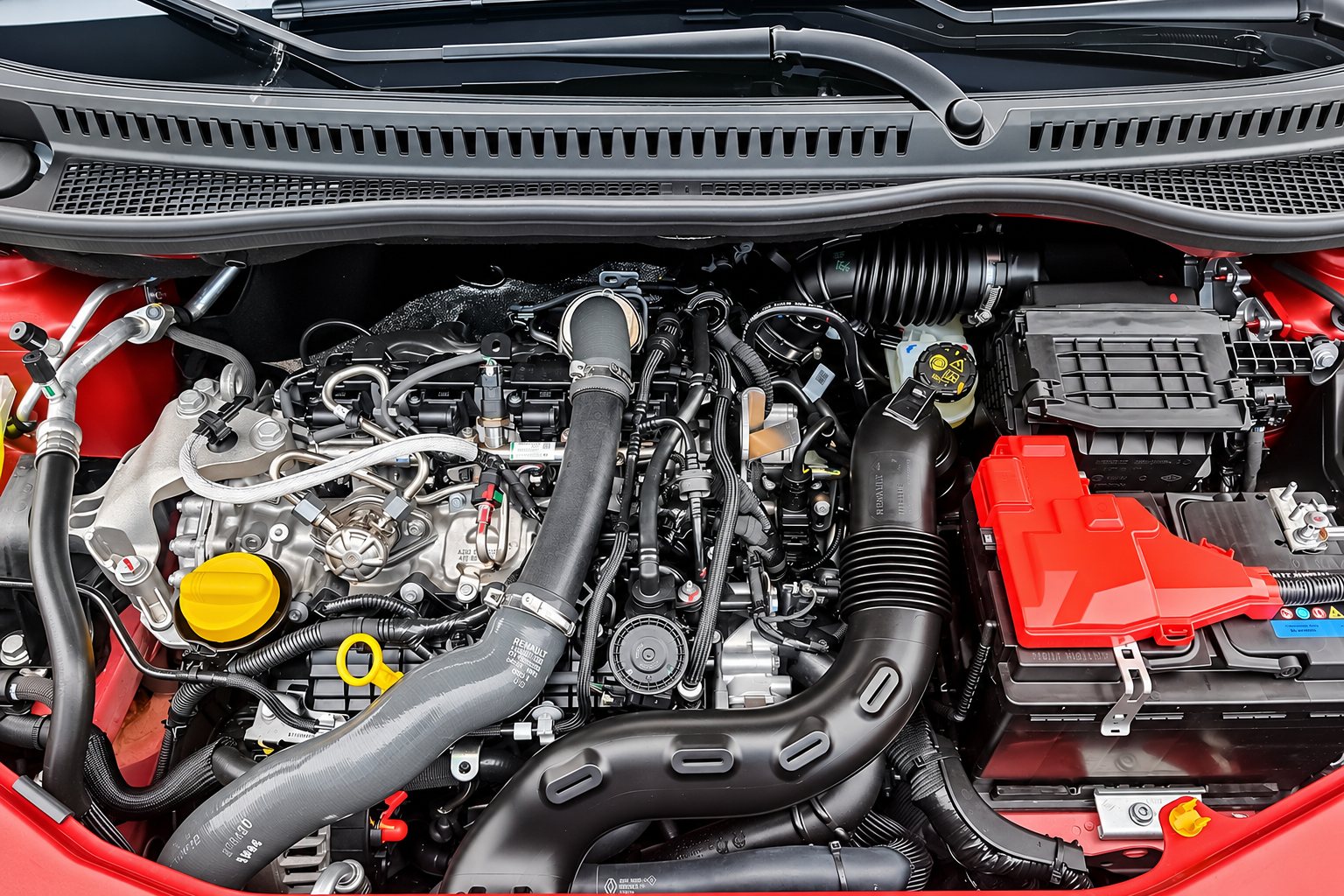 Vue de dessus du moteur d'une voiture Renault rouge, capot ouvert, avec la batterie sous son cache rouge et le bouchon d'huile jaune.