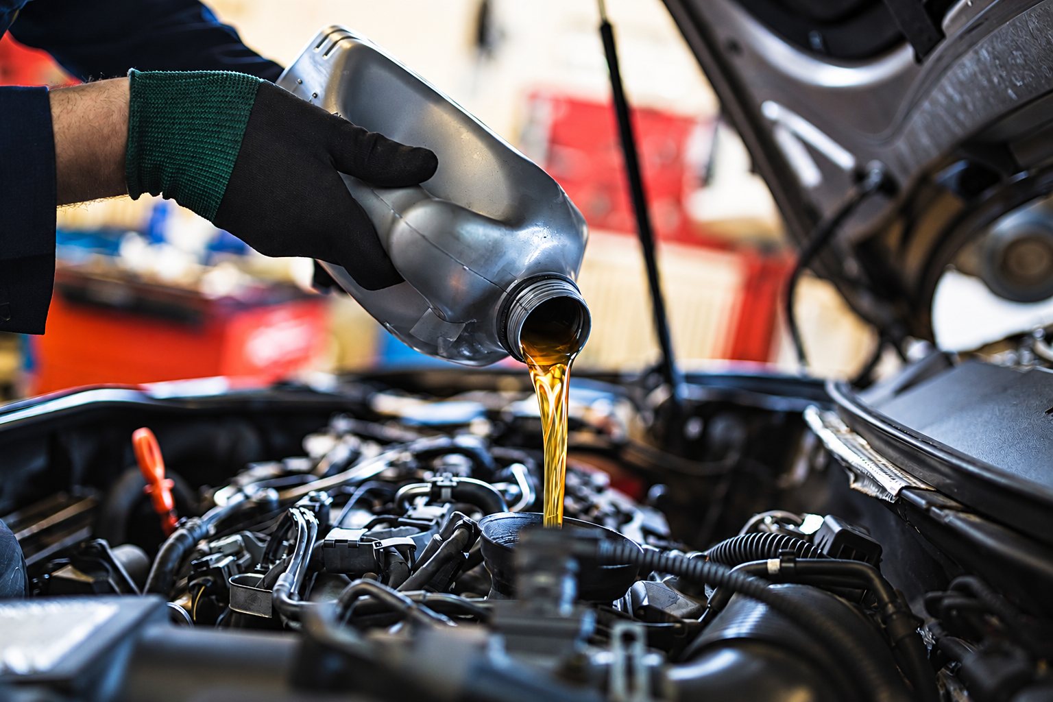 Une main gantée verse de l'huile dorée depuis un bidon dans le moteur d'une voiture au capot ouvert, dans un garage.
