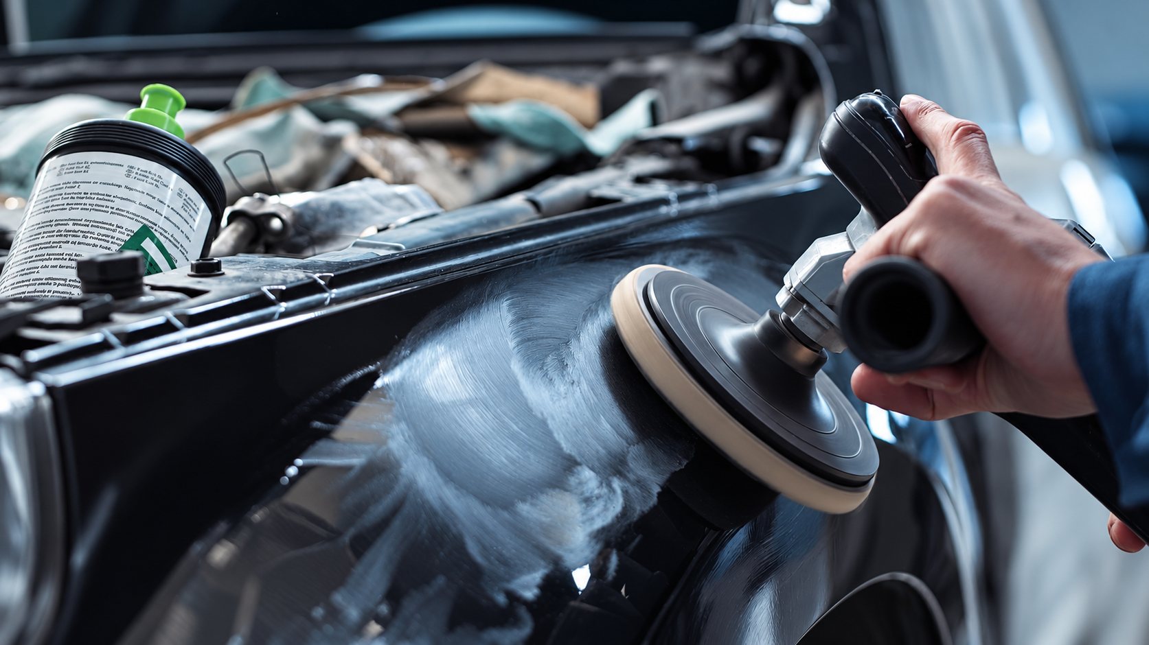 Une main tient une polisseuse équipée d'un plateau en mousse pour lustrer l'aile d'une voiture, avec un flacon de produit posé à côté.