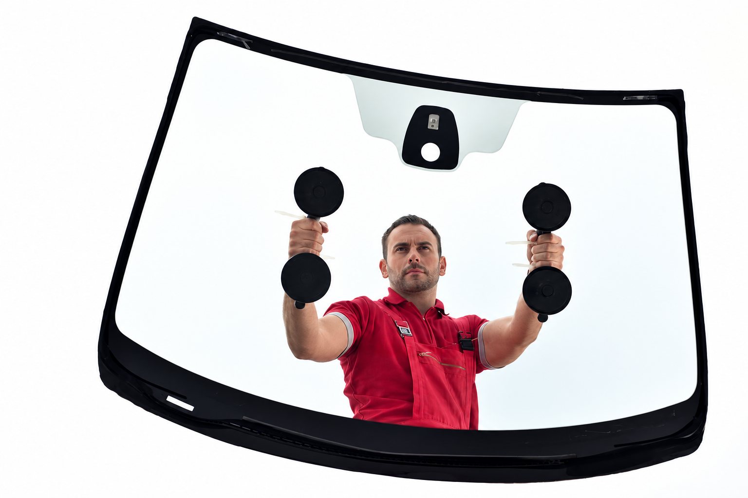 Un technicien en polo rouge tient deux ventouses de manutention derrière un pare-brise automobile, vu à travers le verre sur fond blanc.